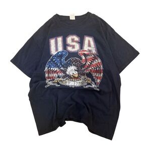 Vintage USA Eagle Graphic Tee Mens XL Boxy Navy Blue American Flag Streetwear